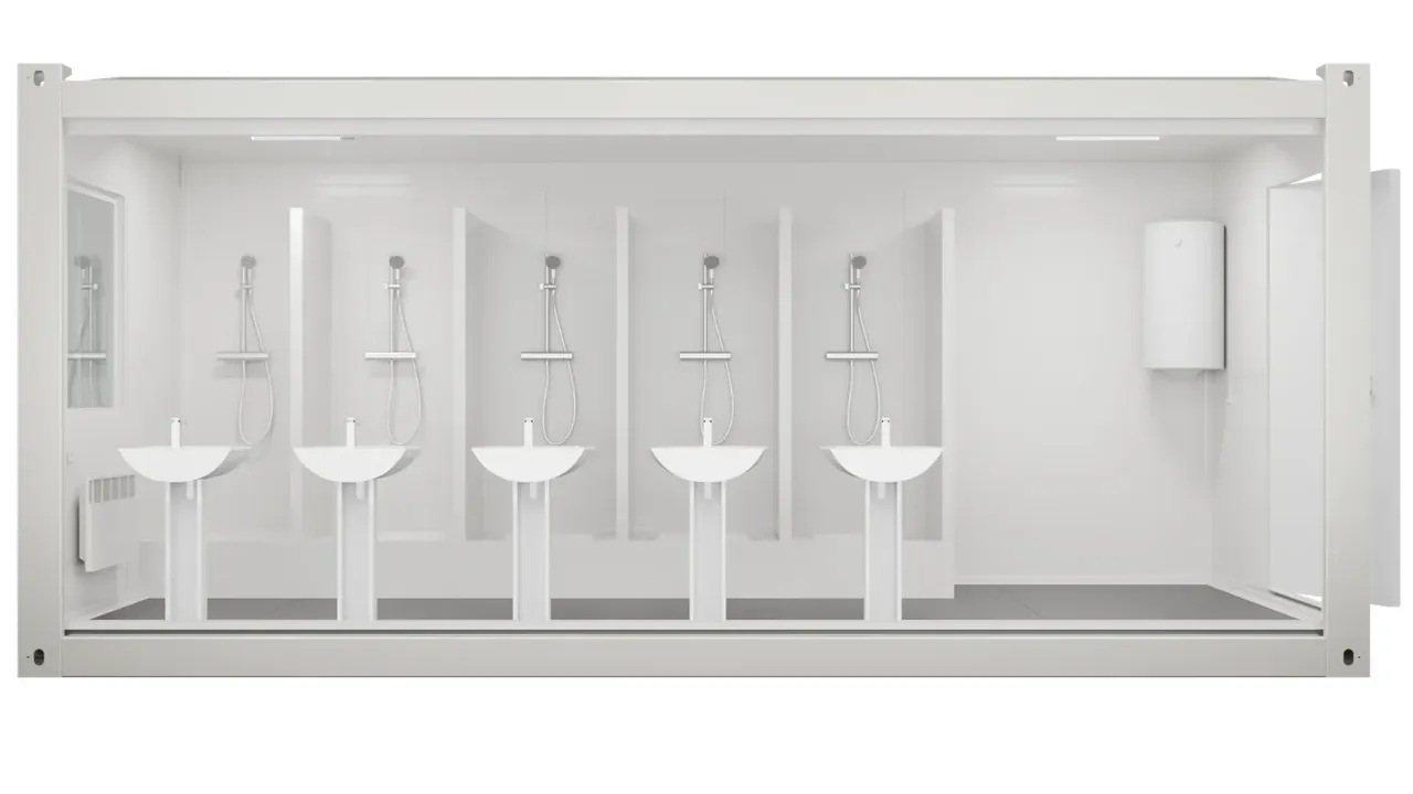 Render ilustrativo de duchas y bachas en un módulo sanitario